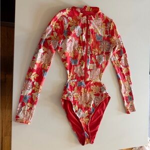 O'Neill Red Floral Long-Sleeve One-Piece Swimsuit
